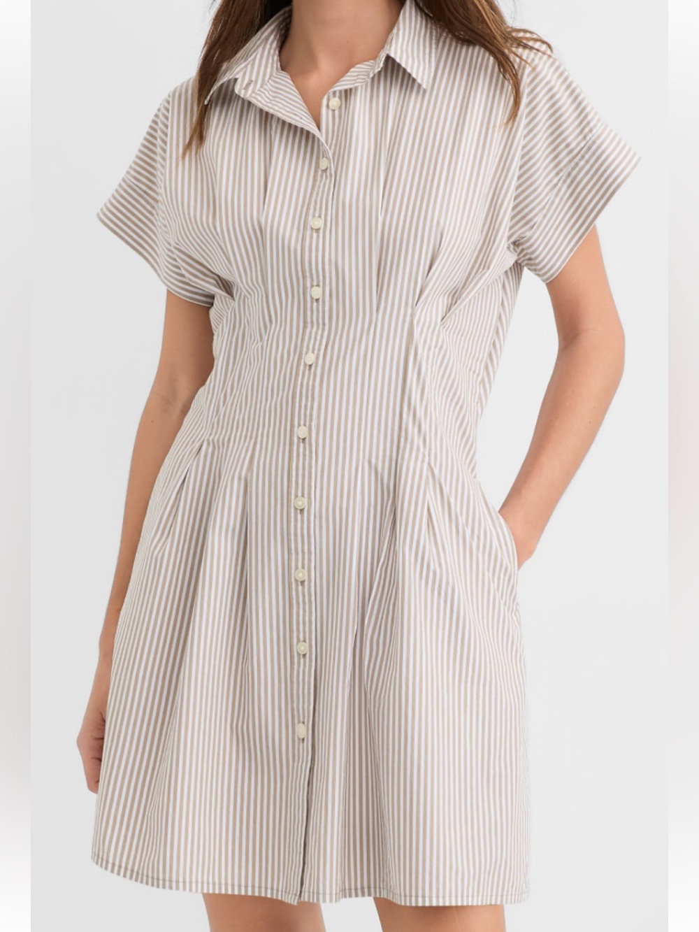LOFT Beige/White Striped Poplin Pleated Mini Pocket Shirtdress